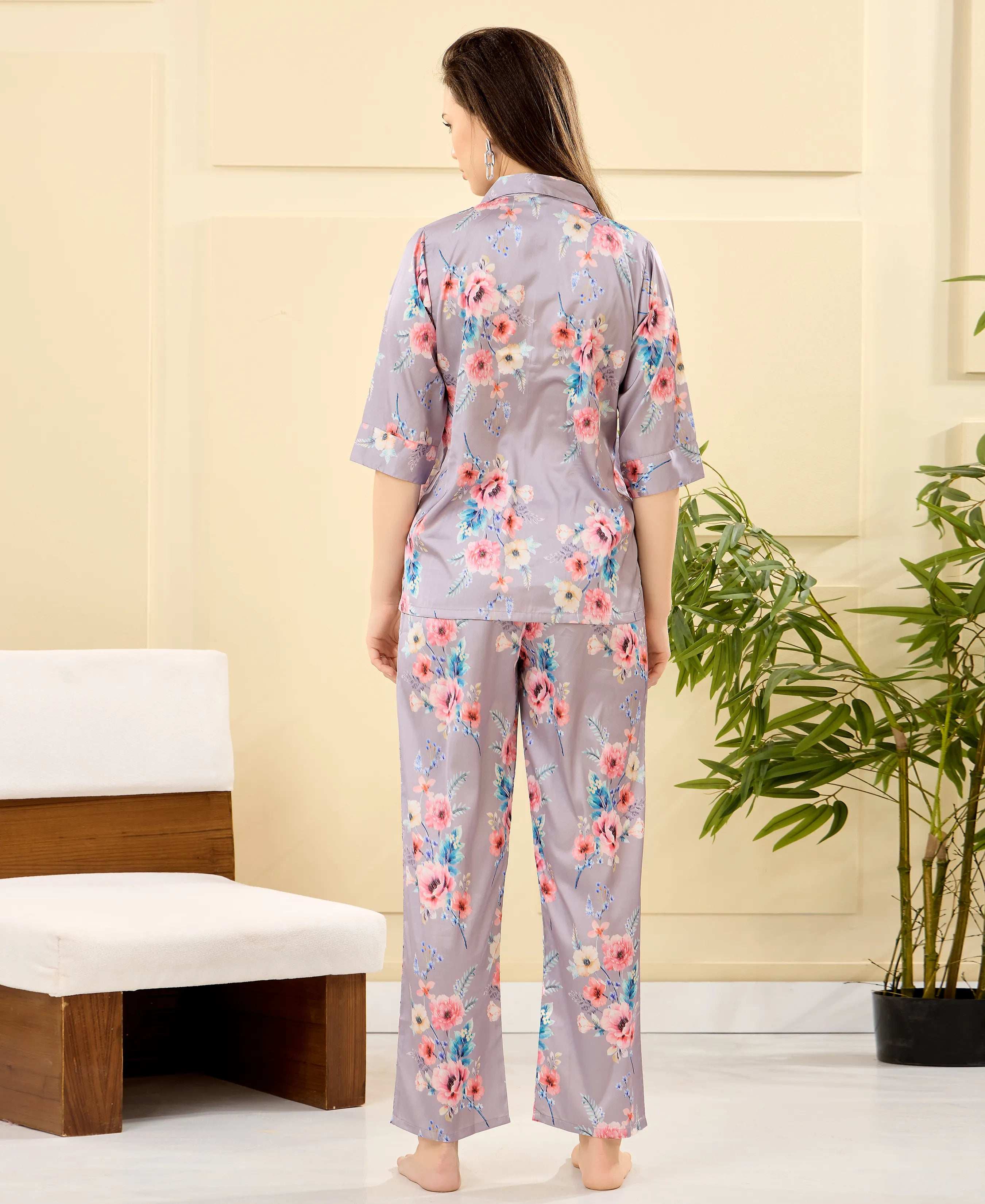 Velure Tunic Elegant Floral Print Night Suit - Velure - - 3/4 Sleeves, Collar Neck, Floral Print, Front Button Open, Full Length Pant, Satin
