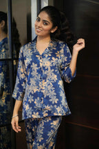 Velure Royal Floral Print Night Suit - Velure - - 3/4 Sleeves, Collar Neck, Floral Print, Front Button Open, Full Length Pant, Satin