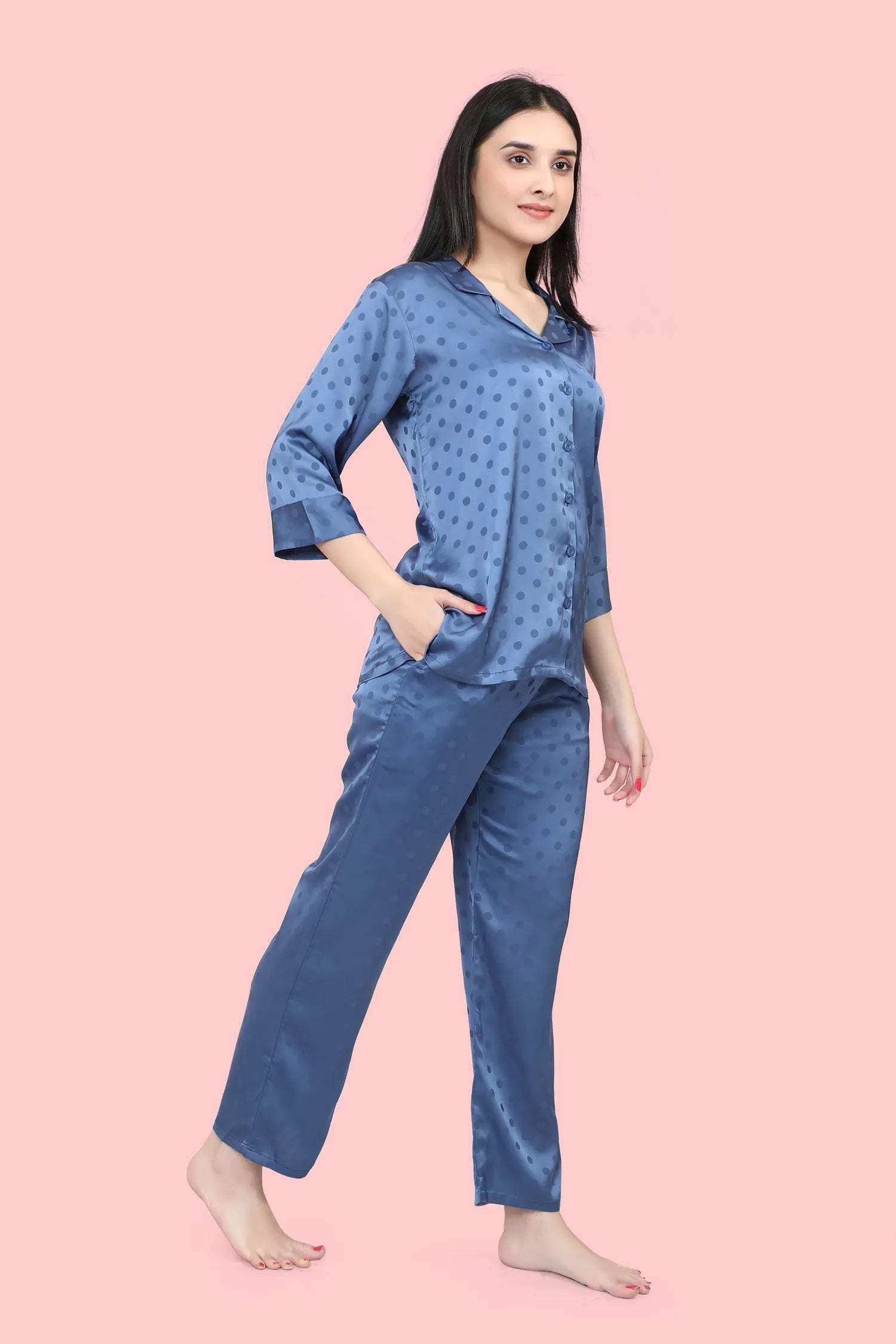 Velure Blue Polka Dot Satin Night Suit - Velure - - 3/4 Sleeves, Collar Neck, Front Button Open, Full Length Pant, Polka Dot, Satin