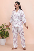 Velure Fascinating Floral Print Satin Night Suit - Velure - - 3/4 Sleeves, Collar Neck, Floral Print, Front Button Open, Full Length Pant, Satin