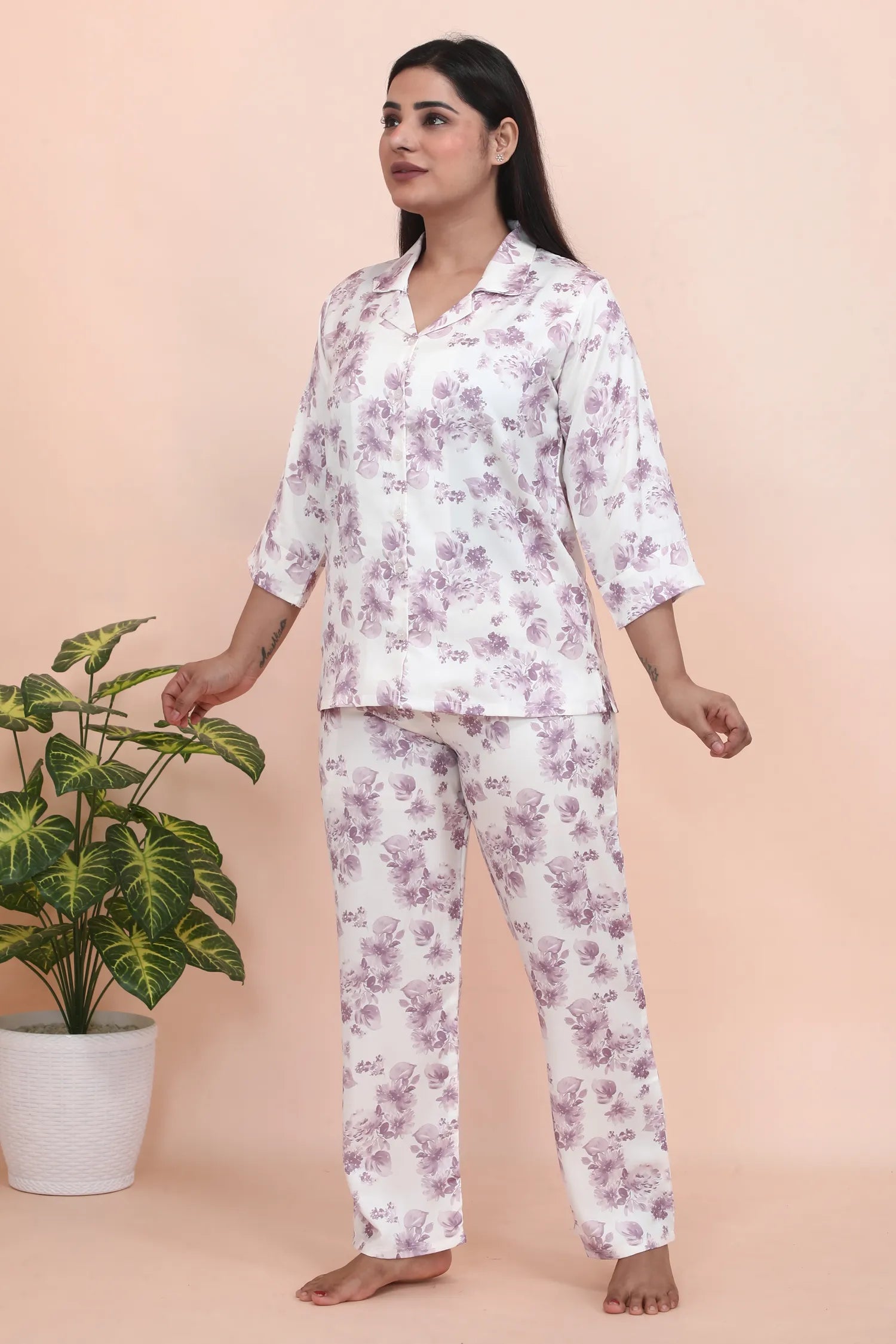 Velure Fascinating Floral Print Satin Night Suit - Velure - - 3/4 Sleeves, Collar Neck, Floral Print, Front Button Open, Full Length Pant, Satin