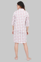 Velure Checked Brown Heart Print Short Night Shirt - Velure - - 3/4 Sleeves, Collar Neck, Cotton, Front Button Open, k, Knee Length