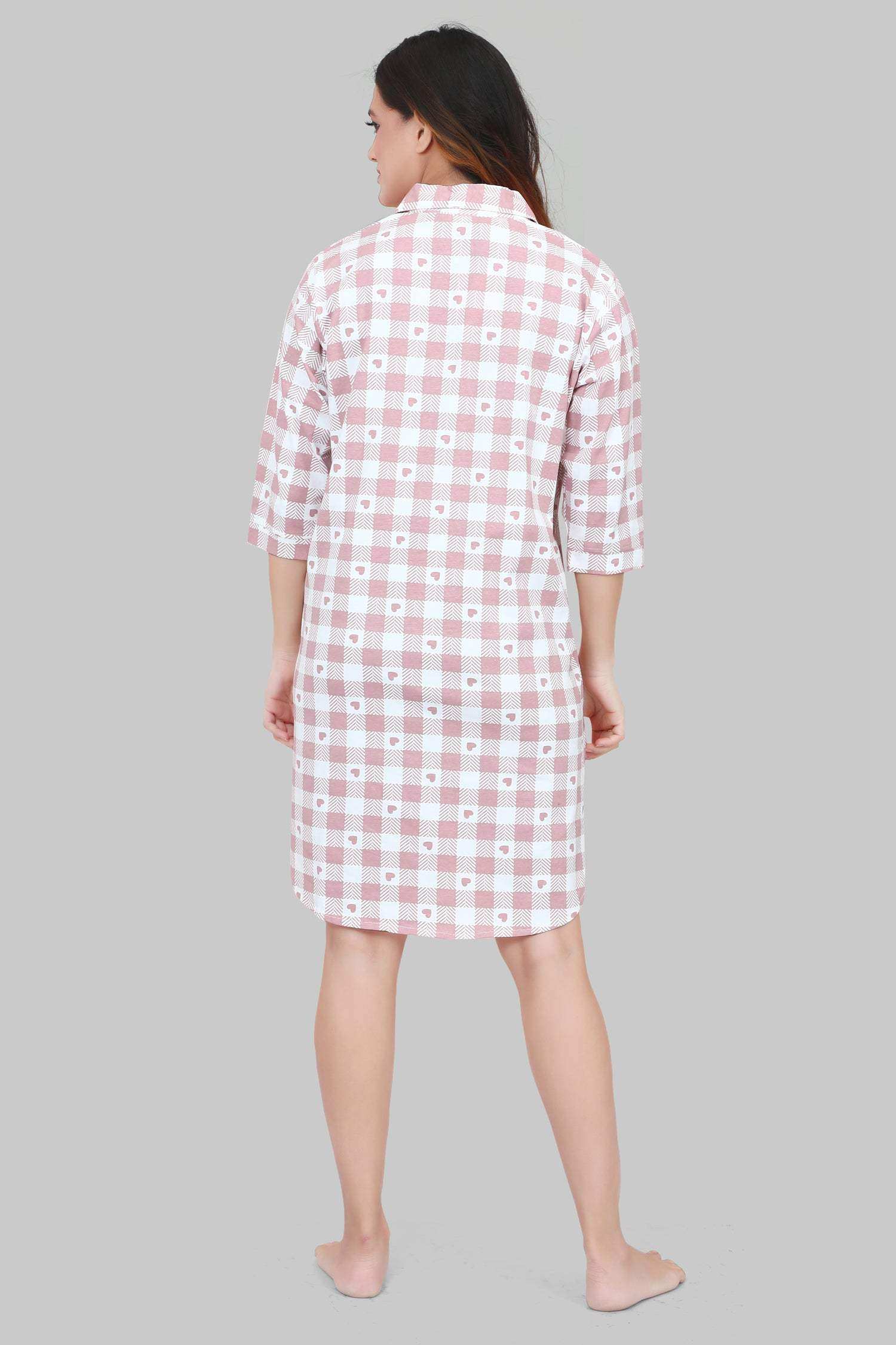Velure Checked Brown Heart Print Short Night Shirt - Velure - - 3/4 Sleeves, Collar Neck, Cotton, Front Button Open, k, Knee Length