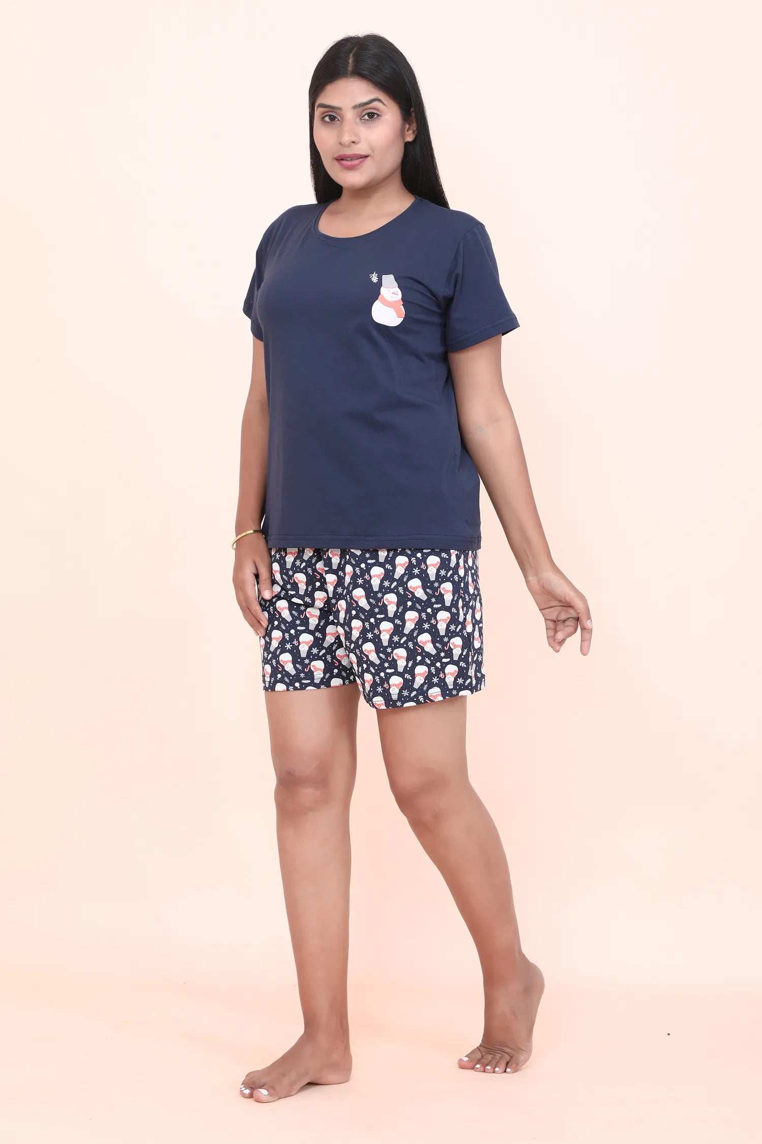 Velure Embellished Snowman Printed Shorts Set - Velure - - Cotton Lycra Fabric, Half Sleeves, Printed, Round neck