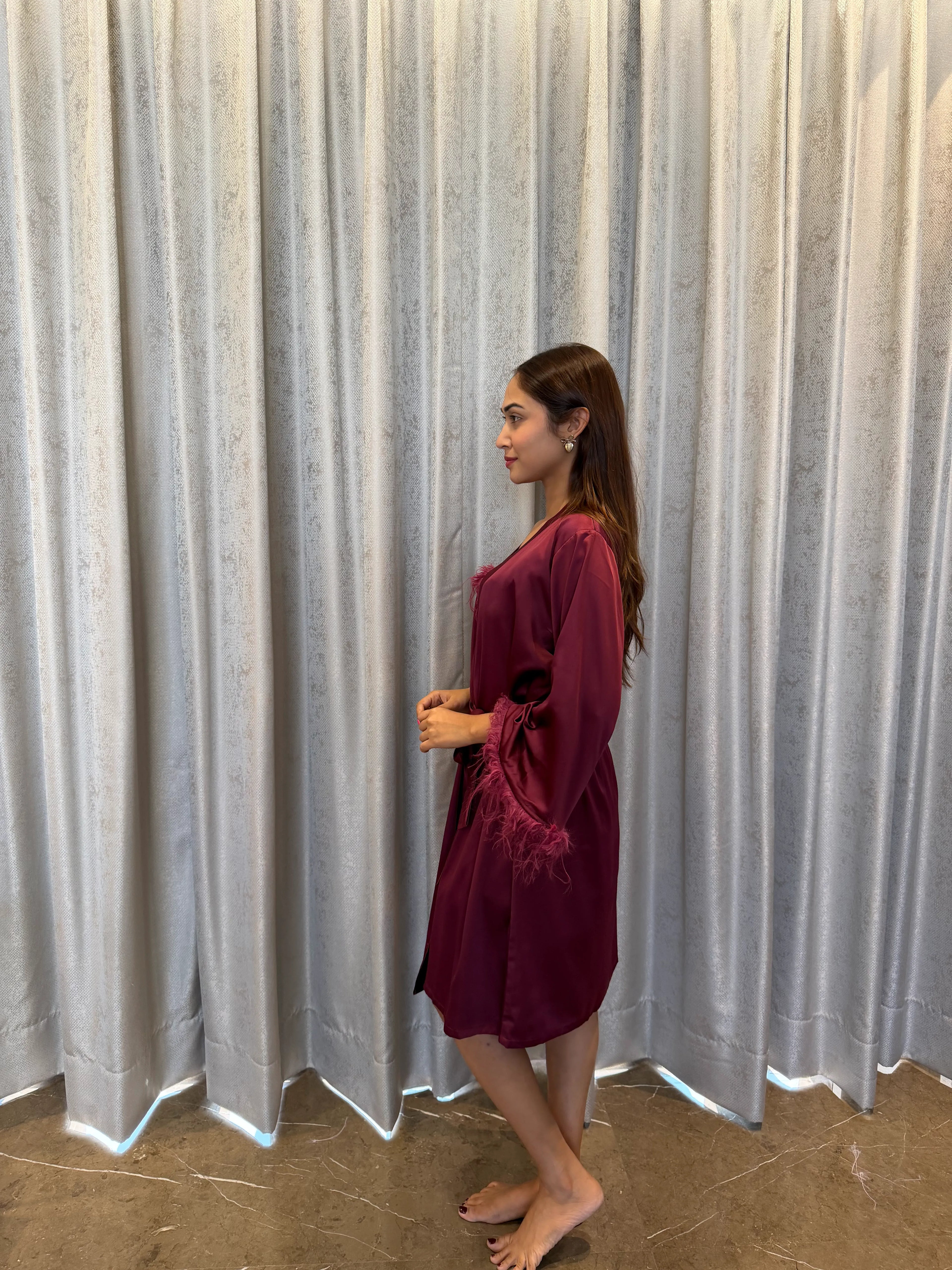 Velure Satin 3 Piece Maroon Robe Set