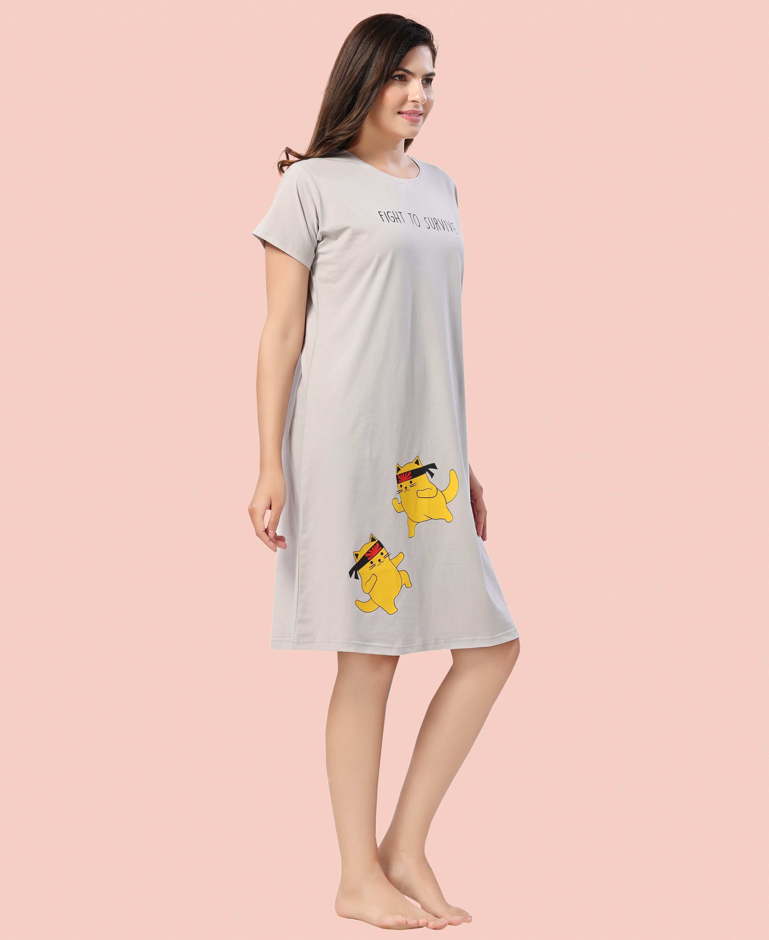 Velure Fusion Short Nighty - Velure - - Cotton, Half Sleeves, Knee Length, Printed, Round neck