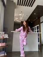 Velure Trendy Cheetah Print Satin Sleepwear Set - Velure - - 3/4 Sleeves, Collar Neck, Front Button Open, Full Length Pant, Printed, Satin