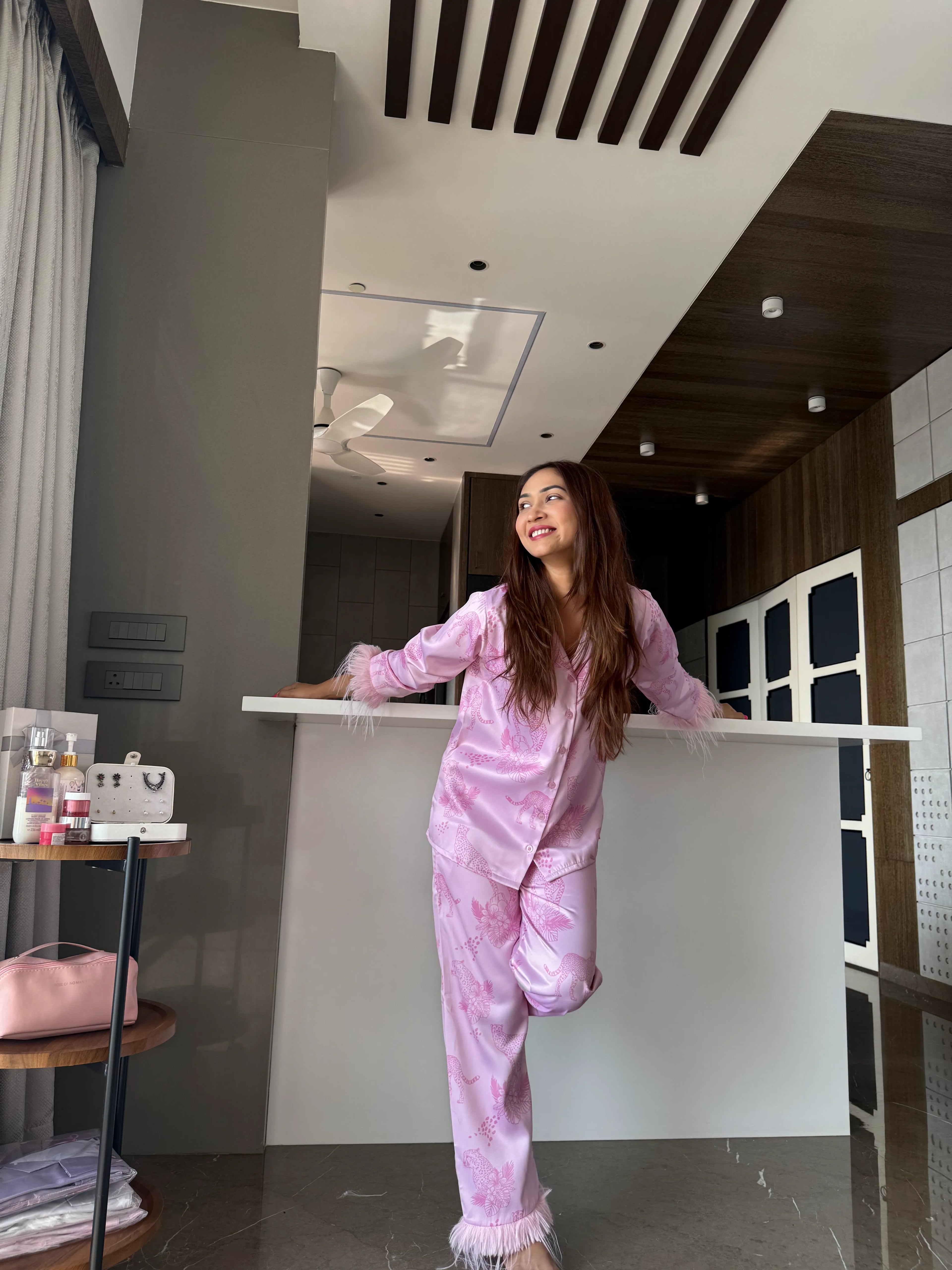 Velure Trendy Cheetah Print Satin Sleepwear Set