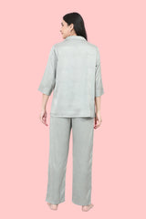 Velure Houndstooth Satin Print Night Suit - Velure - - 3/4 Sleeves, Collar Neck, Front Button Open, Full Length Pant, Satin