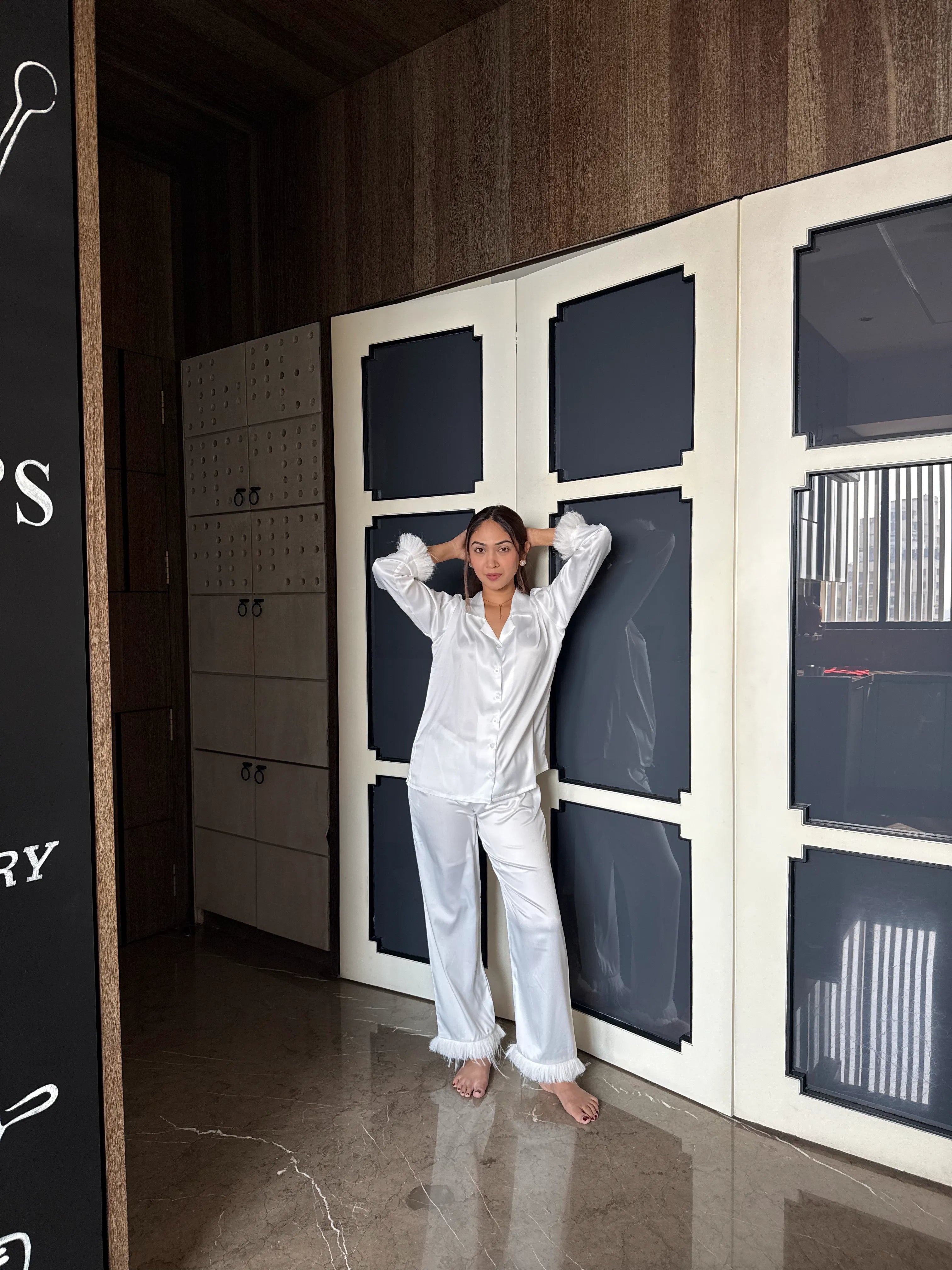 Velure Grey Shimmering Star Fur Satin Sleepwear Set