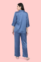 Velure Blue Polka Dot Satin Night Suit - Velure - - 3/4 Sleeves, Collar Neck, Front Button Open, Full Length Pant, Polka Dot, Satin