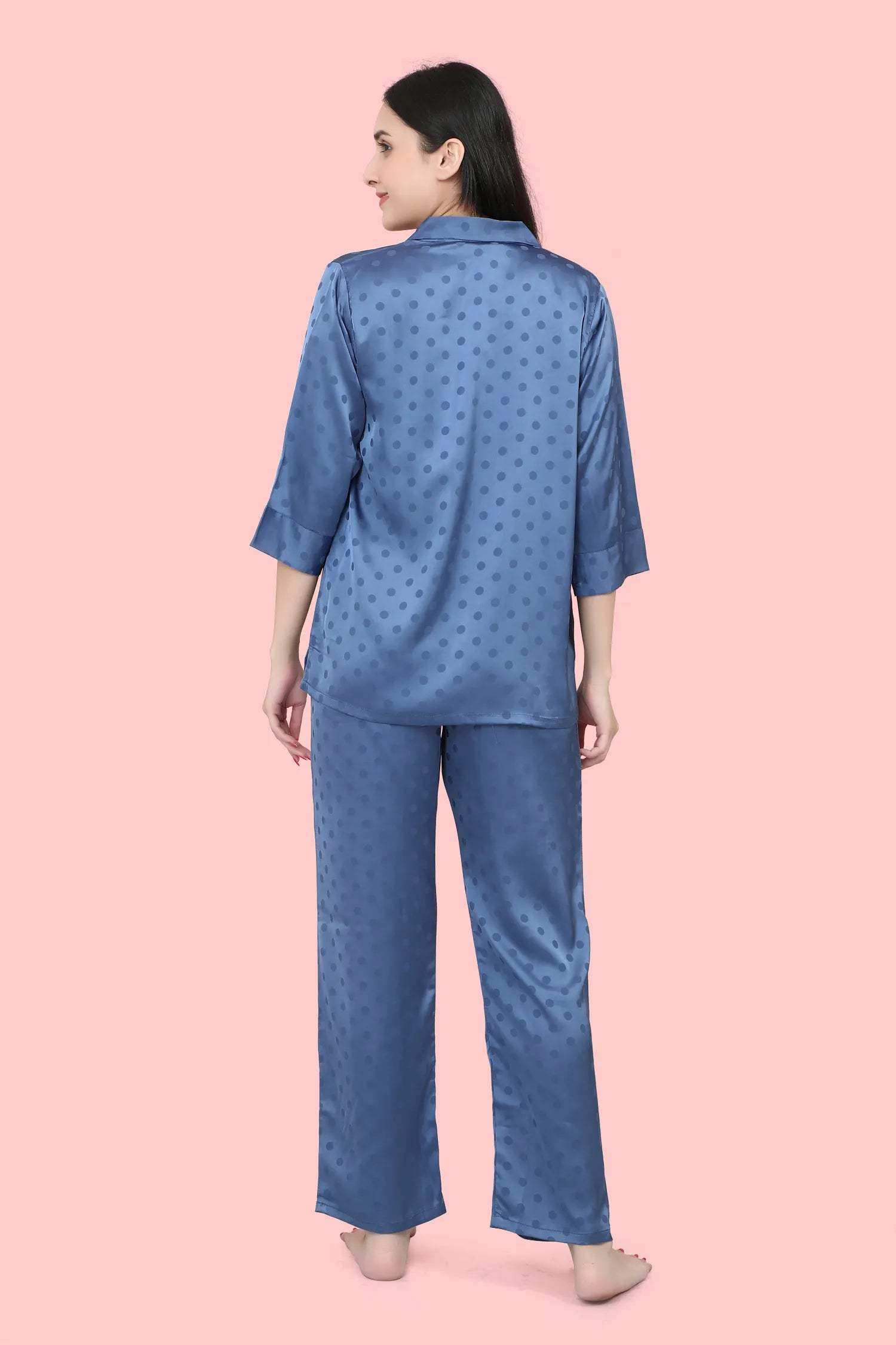Velure Blue Polka Dot Satin Night Suit - Velure - - 3/4 Sleeves, Collar Neck, Front Button Open, Full Length Pant, Polka Dot, Satin