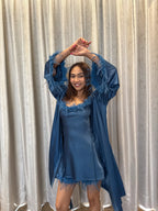 Velure Satin 3 Piece Peacock Blue Robe Set
