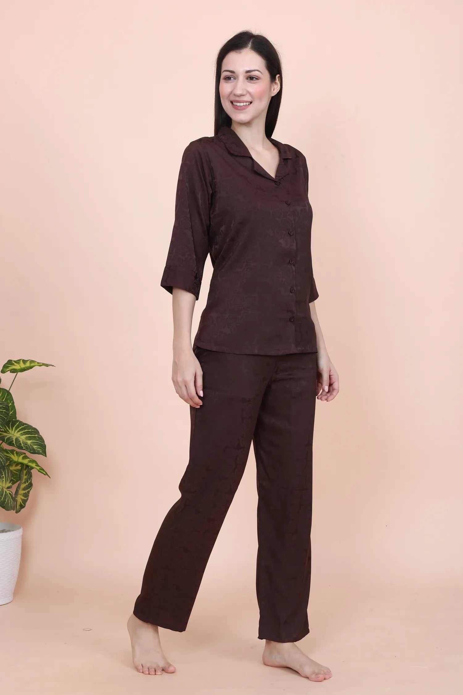 Velure Brown Roses Textured Print Satin Night Suit