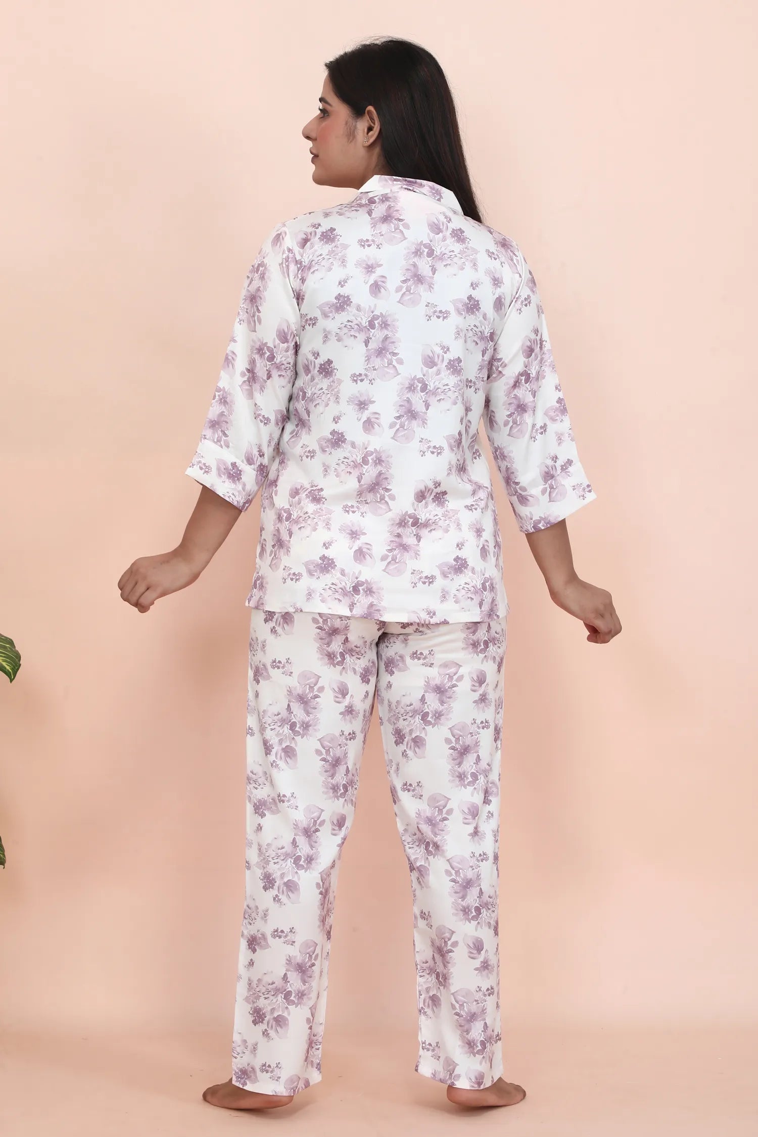 Velure Fascinating Floral Print Satin Night Suit - Velure - - 3/4 Sleeves, Collar Neck, Floral Print, Front Button Open, Full Length Pant, Satin