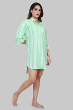 Velure Classic Green Stripes Short Night Shirt - Velure - - 3/4 Sleeves, Collar Neck, Cotton, Front Button Open