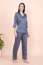 Velure Tropical Floral Print Satin Night Suit - Velure - - 3/4 Sleeves, Collar Neck, Front Button Open, Full Length Pant, Printed, Satin