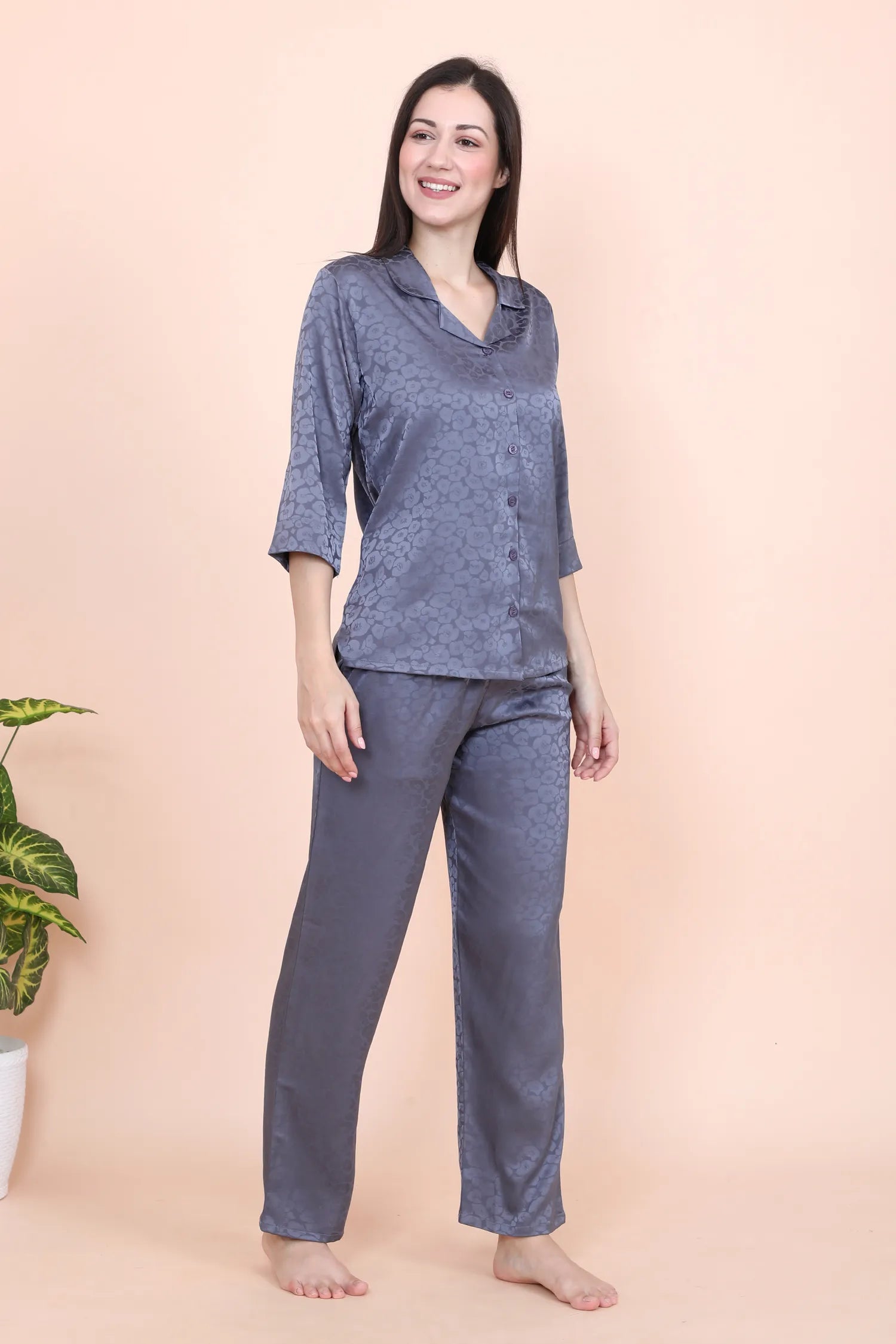 Velure Tropical Floral Print Satin Night Suit - Velure - - 3/4 Sleeves, Collar Neck, Front Button Open, Full Length Pant, Printed, Satin