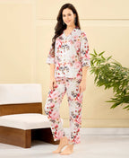 Velure Inspired Ethnic Floral Print Night Suit - Velure - - 3/4 Sleeves, Collar Neck, Floral Print, Front Button Open, Full Length Pant, Satin