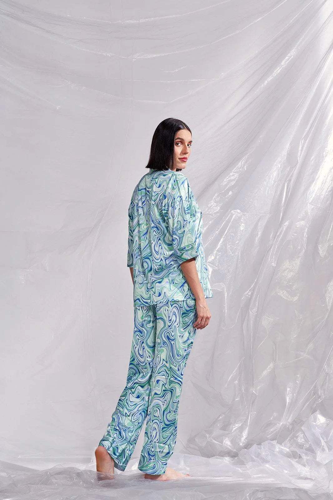 Velure Tellus Swirl Print Satin Co-ord Set - Velure - Shirt and Pant - 3/4 Sleeves, Abstract Print, Collar Neck, Front Button Open, Full Length Pant, Satin