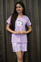 Velure Stunning Purple Shorts Set - Velure - Short sets - Cotton Lycra Fabric, Half Sleeves, Printed, Round neck, Shorts