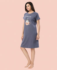 Velure Vibrant Coffee Time Short Nighty - Velure - - Cotton, Knee Length, Printed, Round neck