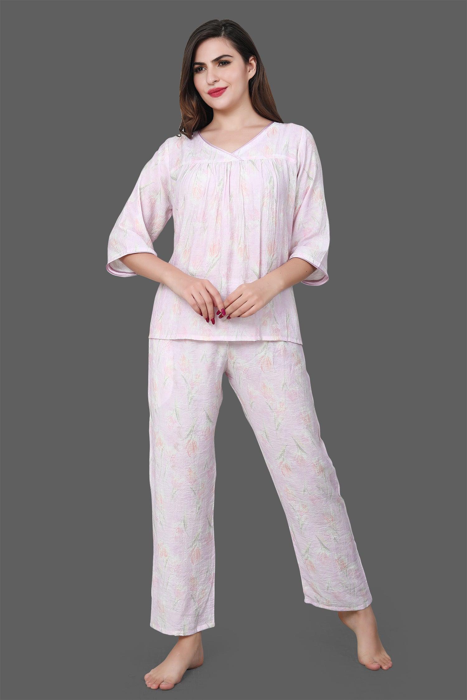 Velure Pink Floral Frock-Style Night Suit - Velure - Long Top and Pant - 3/4 Sleeves, Frock Style, Full Length Pant, Linen, V Neck