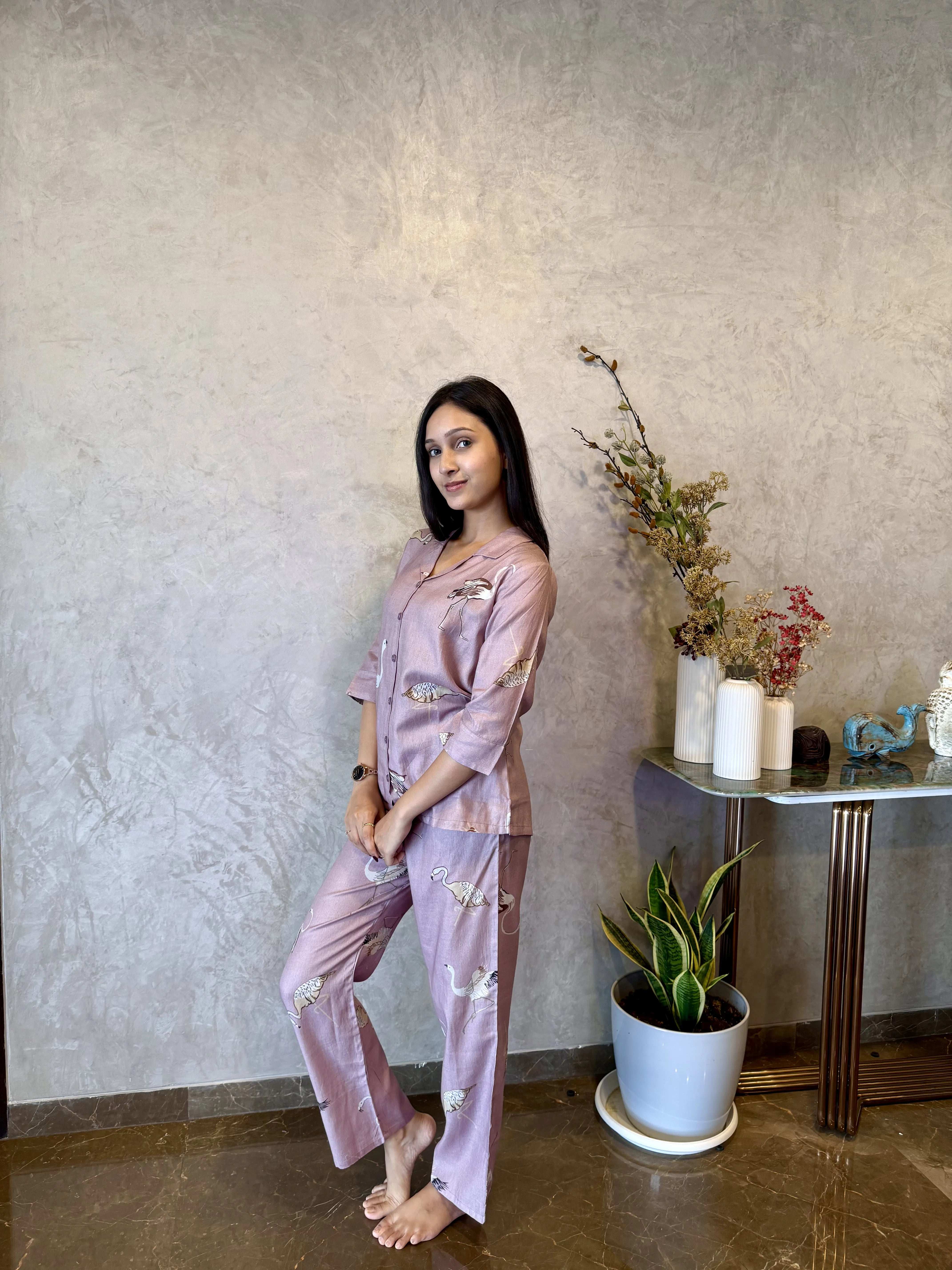 Velure Elegant Brown Flamingo Print Cotton Night Suit