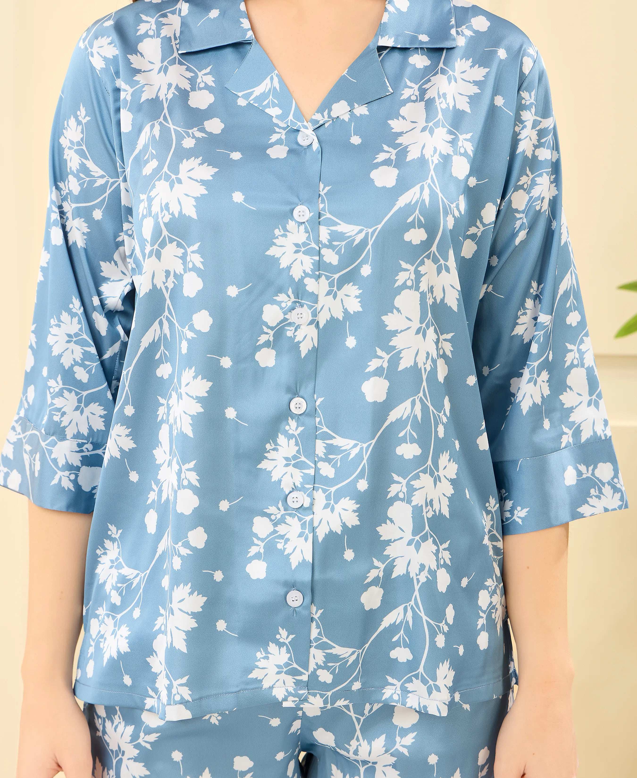 Velure Engaging Floral Print Satin Night Suit - Velure - - 3/4 Sleeves, Collar Neck, Floral Print, Front Button Open, Full Length Pant, Satin
