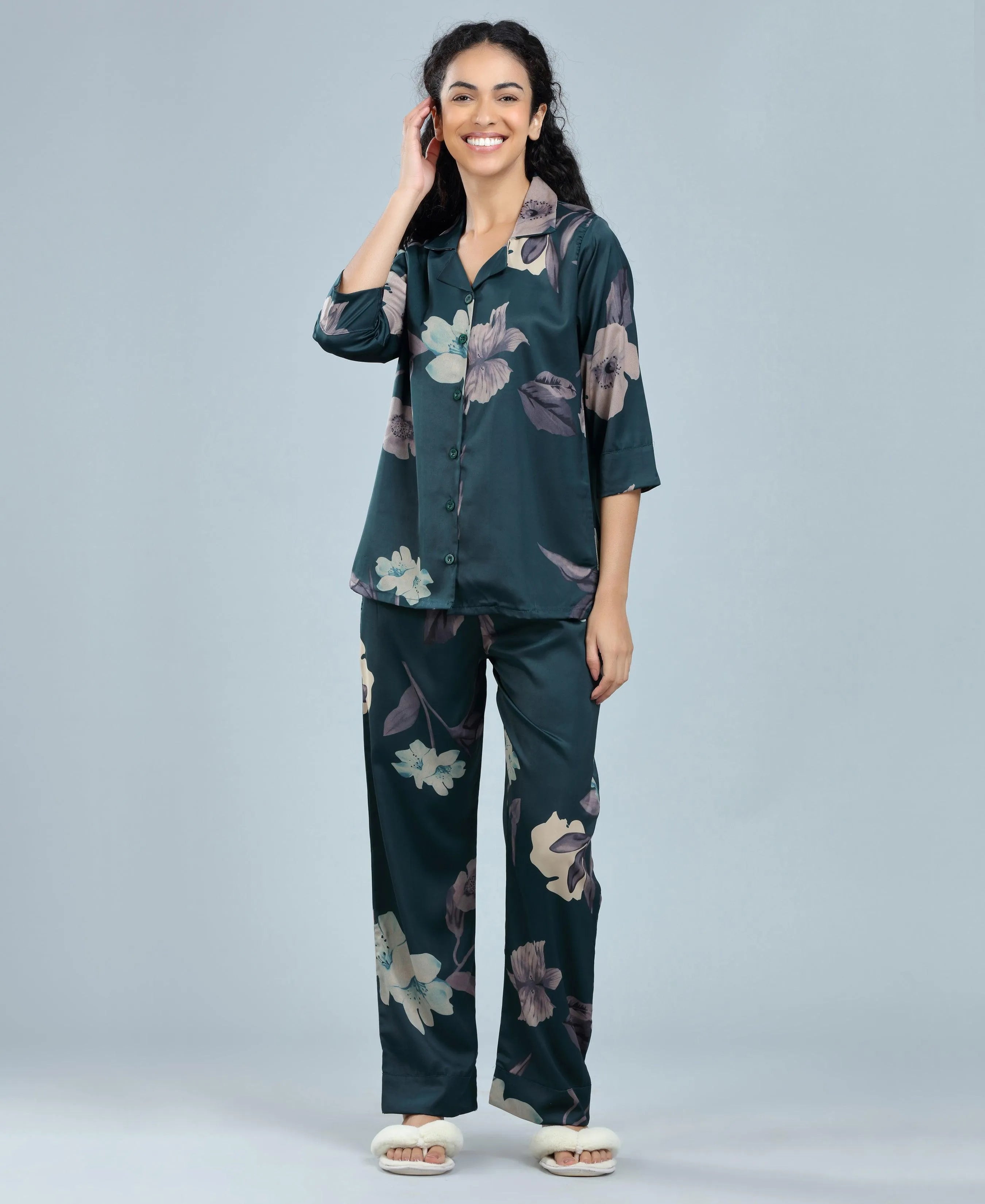 Velure Tropical Floral Satin Print Night Suit - Velure, Shirt and Pant, Indulge in luxury and relaxation with the Velure Tropical Floral Satin Print Night Suit. Crafted from premium satin material, this set showcases a stunning floral print. Included are a long-sleeved shirt and full-length pants with an elastic waistband, ensuring a perfect fit. Ideal for peaceful slumber or leisurely lounging.