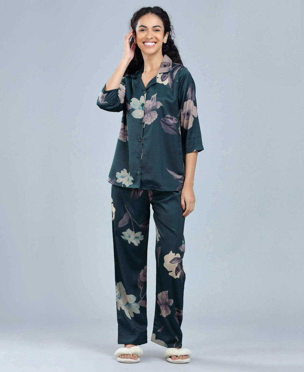 Velure Tropical Floral Satin Print Night Suit - Velure - - 3/4 Sleeves, Collar Neck, Floral Print, Front Button Open, Full Length Pant, Satin