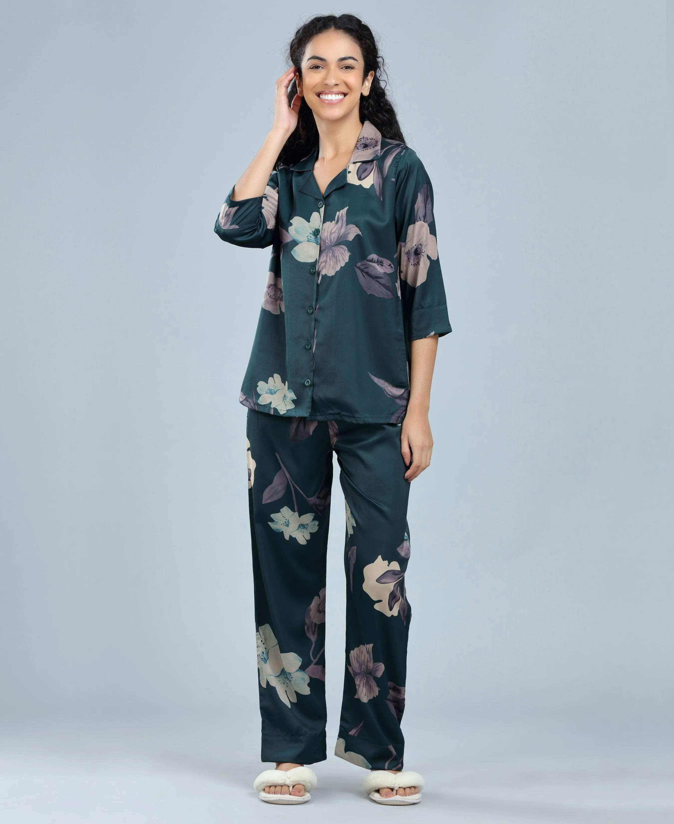 Velure Tropical Floral Satin Print Night Suit - Velure - - 3/4 Sleeves, Collar Neck, Floral Print, Front Button Open, Full Length Pant, Satin
