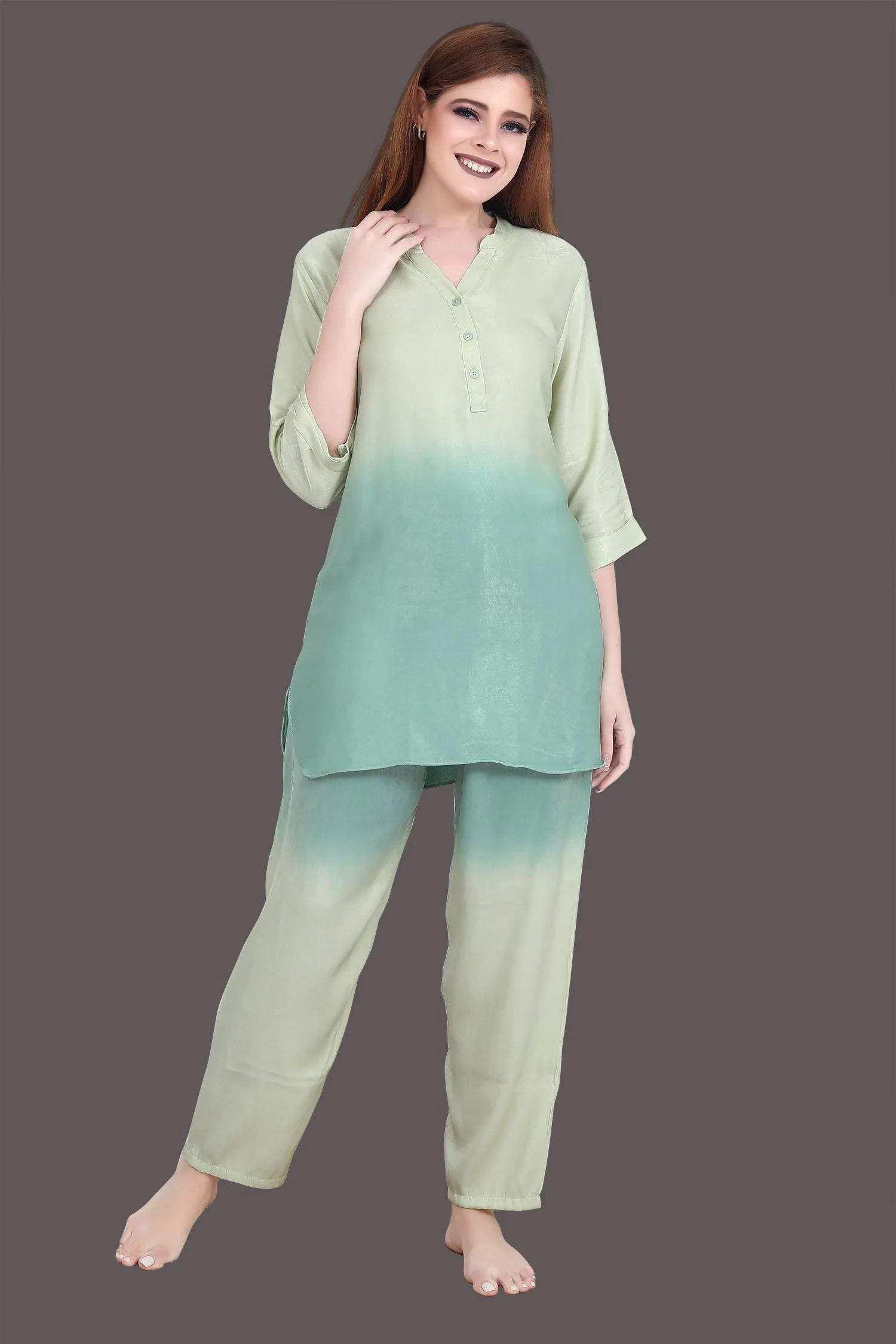 Velure Tunic Green Dual Shade Kurti Style Night Suit - Velure - - 3/4 Sleeves, Collar Neck, Cotton, Front Button Open, Full Length Pant