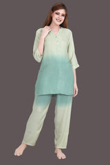 Velure Tunic Green Dual Shade Kurti Style Night Suit - Velure - Long Top and Pant - 3/4 Sleeves, Collar Neck, Cotton, Front Button Open, Full Length Pant