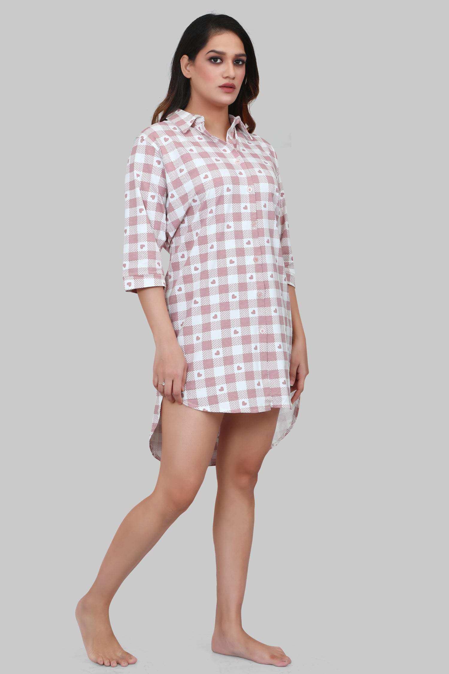Velure Checked Brown Heart Print Short Night Shirt - Velure - - 3/4 Sleeves, Collar Neck, Cotton, Front Button Open, k, Knee Length