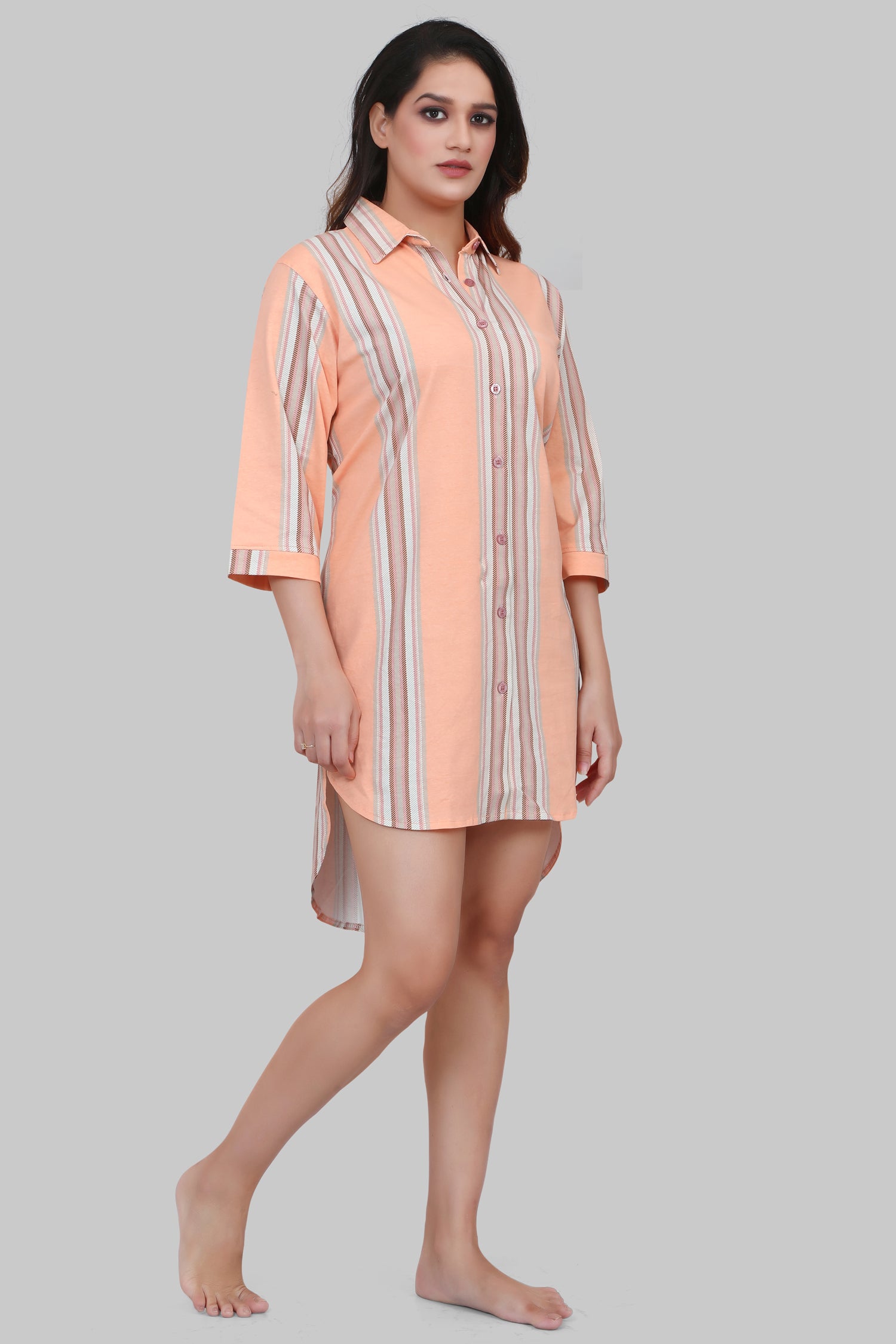 Velure Classic Orange Stripes Short Night Shirt - Velure, Night Shirt, Discover a comfortable and stylish night's sleep with the Velure Classic Orange Stripes Short Night Shirt. This knee-length garment features a collar, front button placket, and half sleeves for a blend of fashion and relaxation. The elegant stripes design adds a refined touch to this sleek nightgown. Order now for ultimate comfort.