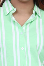 Velure Classic Green Stripes Short Night Shirt - Velure - - 3/4 Sleeves, Collar Neck, Cotton, Front Button Open
