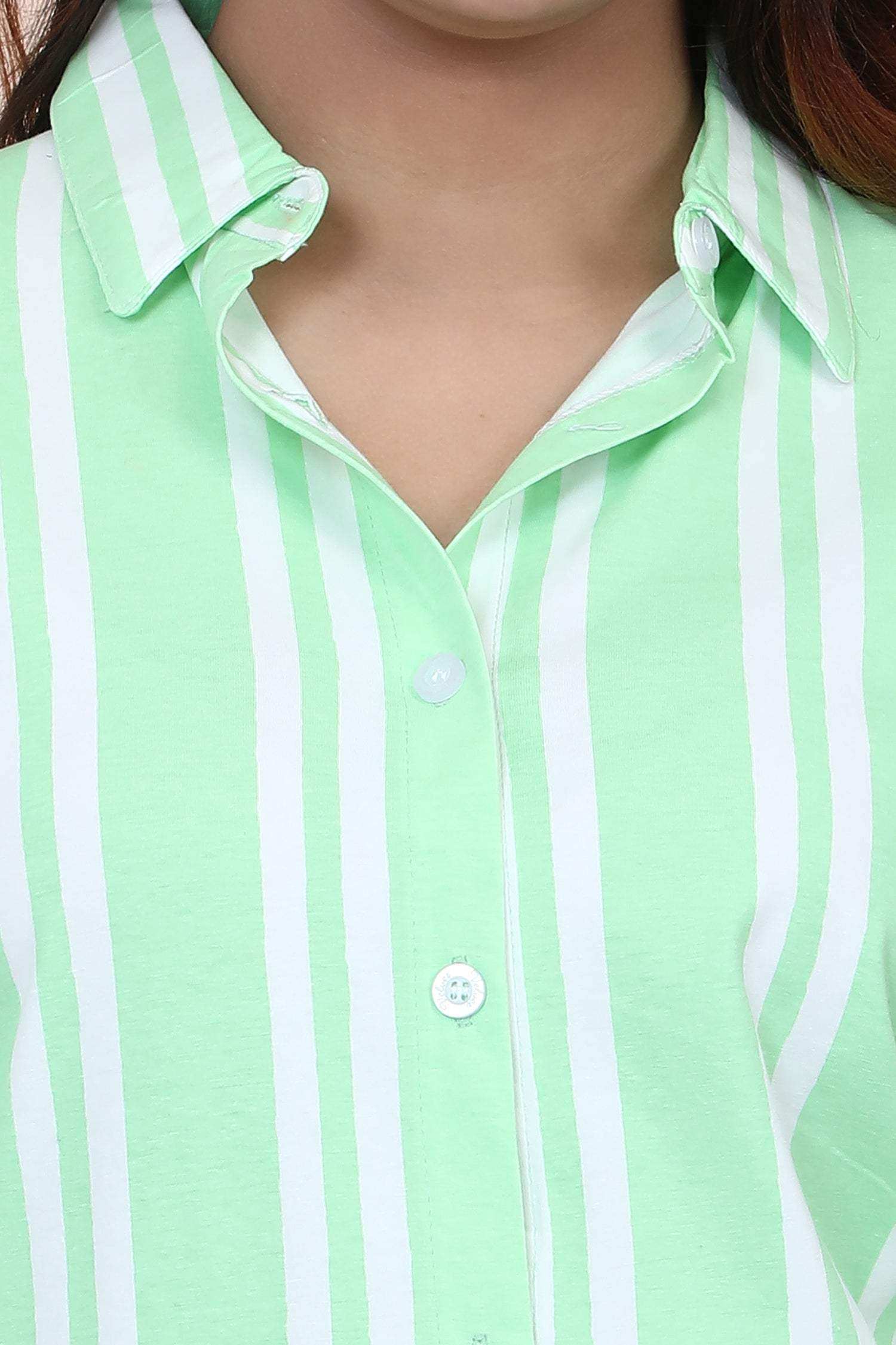 Velure Classic Green Stripes Short Night Shirt - Velure - - 3/4 Sleeves, Collar Neck, Cotton, Front Button Open