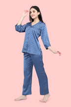 Velure Blue Polka Dot Satin Night Suit - Velure - - 3/4 Sleeves, Collar Neck, Front Button Open, Full Length Pant, Polka Dot, Satin