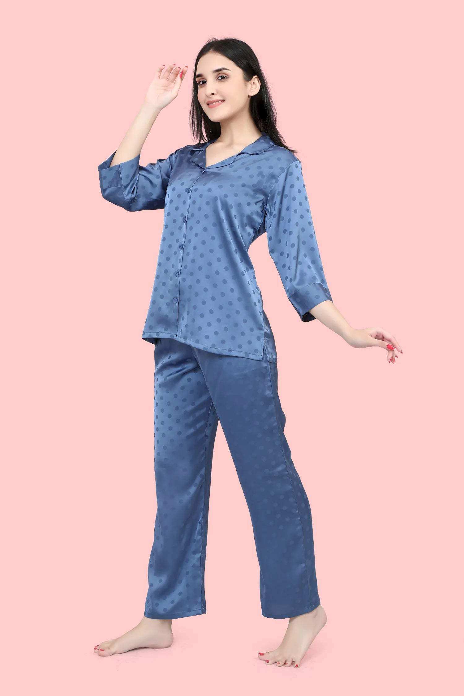 Velure Blue Polka Dot Satin Night Suit - Velure - - 3/4 Sleeves, Collar Neck, Front Button Open, Full Length Pant, Polka Dot, Satin