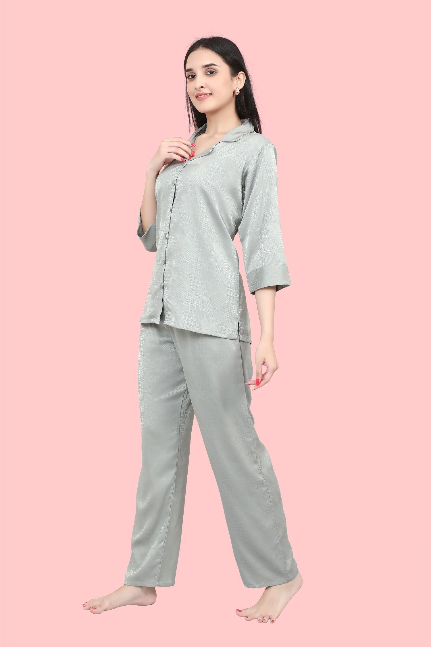 Velure Houndstooth Satin Print Night Suit - Velure - - 3/4 Sleeves, Collar Neck, Front Button Open, Full Length Pant, Satin