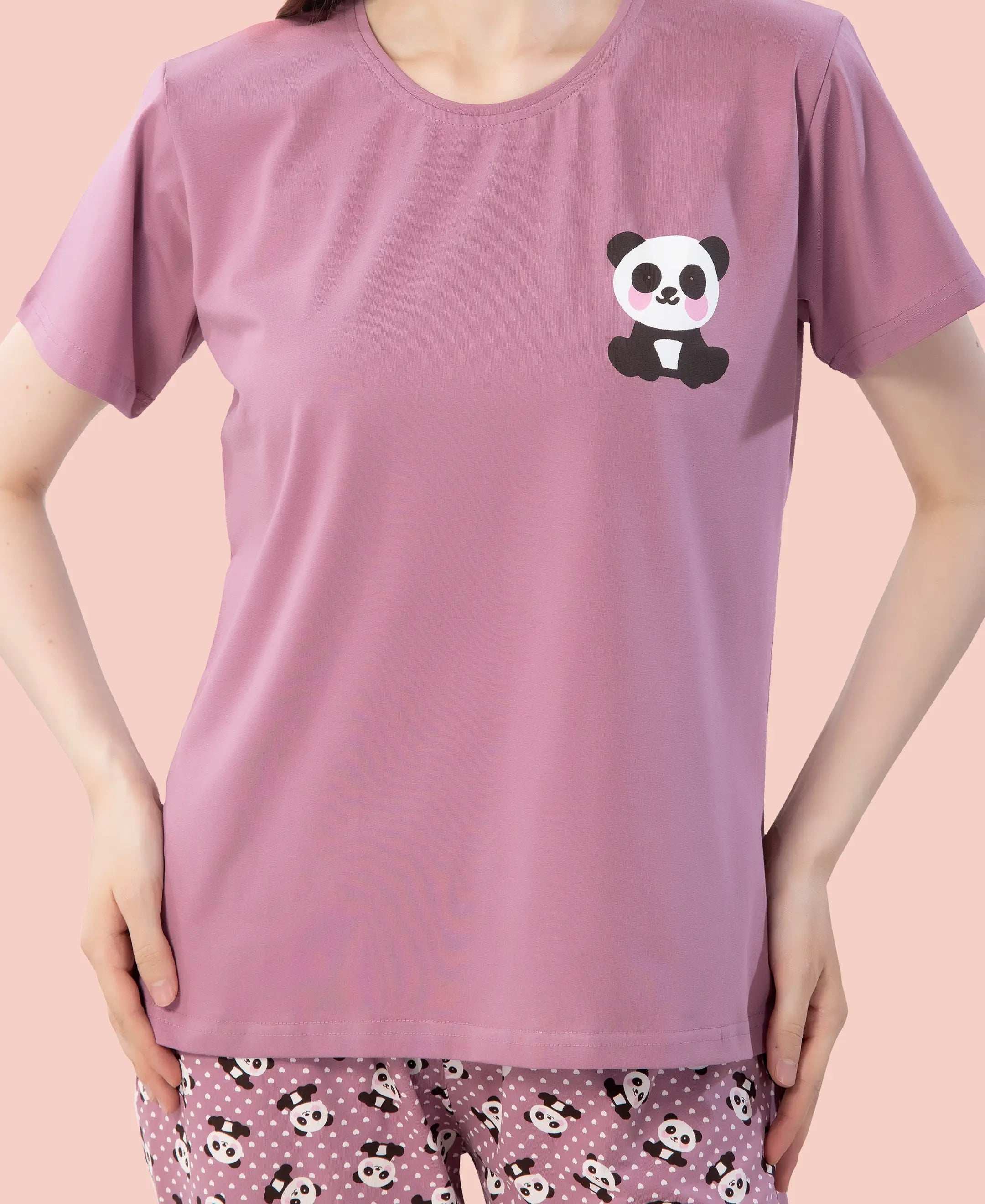 Velure Playful Panda Printed Pajama Set - Velure - - Cotton Lycra Fabric, Full Length Pant, Half Sleeves, Round neck
