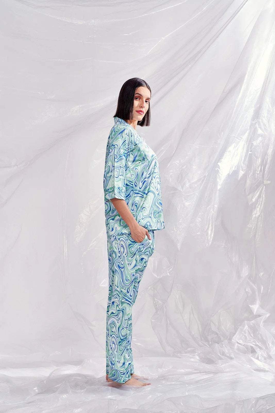 Velure Tellus Swirl Print Satin Co-ord Set - Velure - Shirt and Pant - 3/4 Sleeves, Abstract Print, Collar Neck, Front Button Open, Full Length Pant, Satin