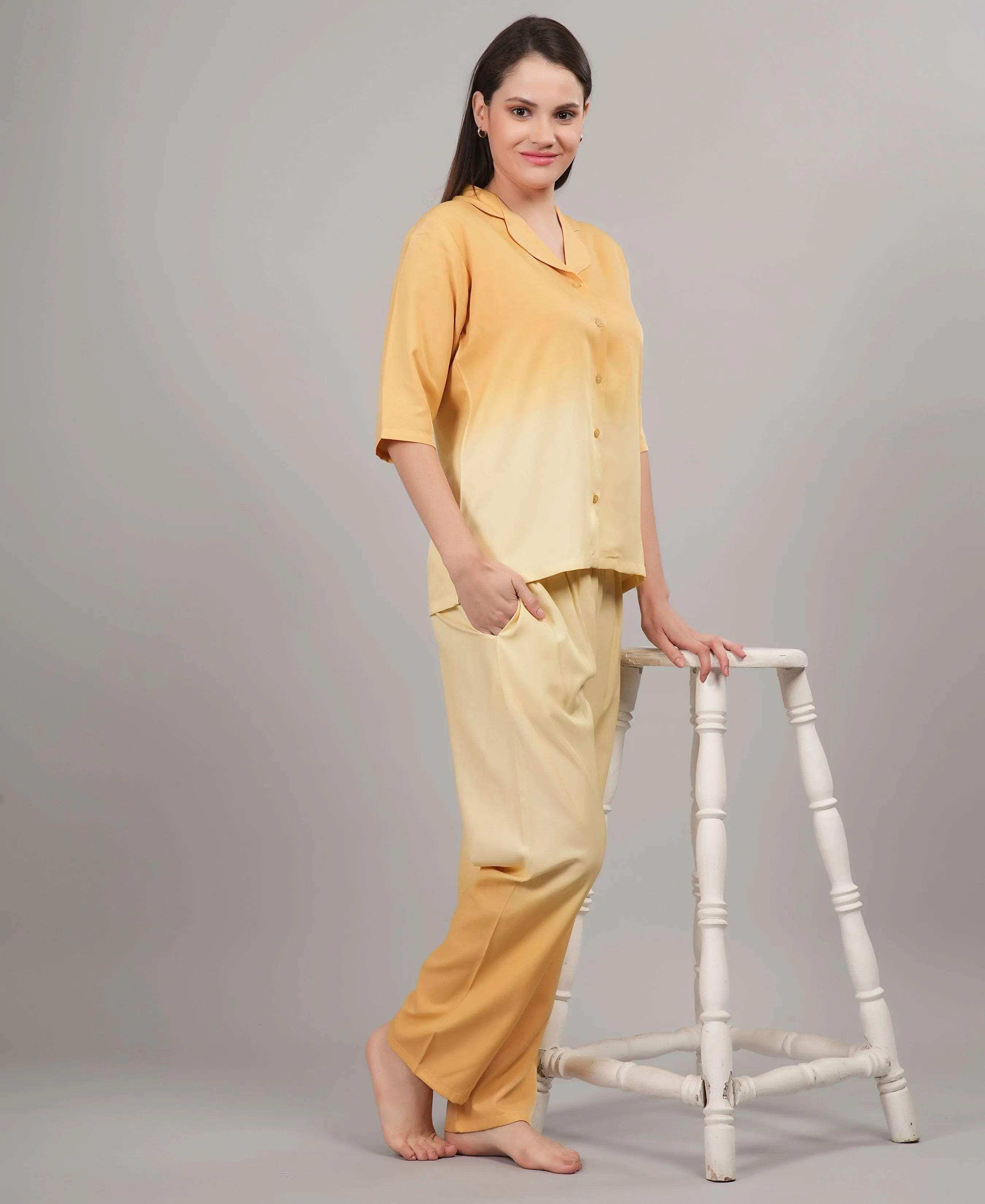 Velure Trendy Classic Co-ord Set - Velure - - 3/4 Sleeves, Collar Neck, Cotton, Front Button Open, Full Length Pant, Ombre