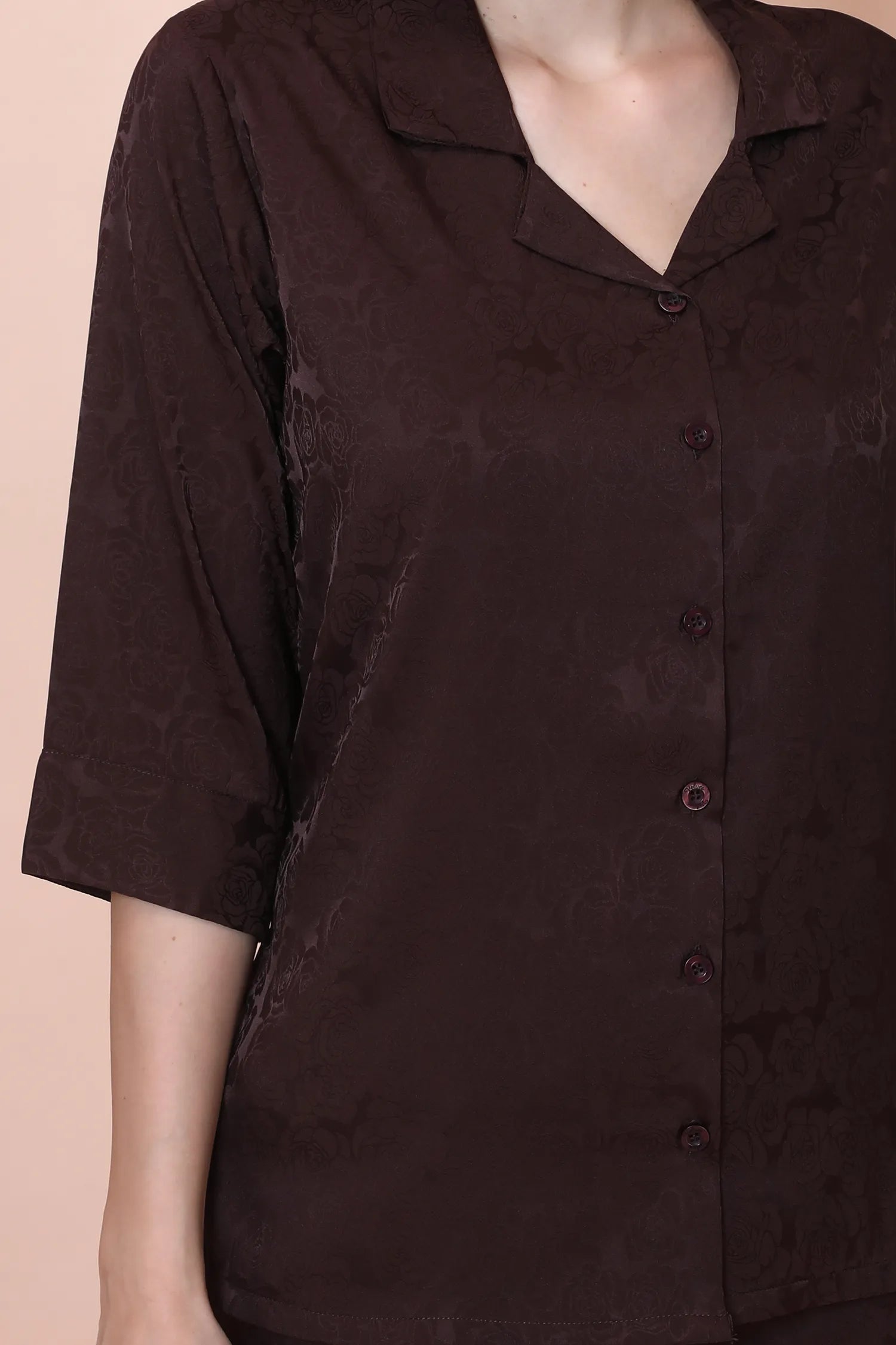 Velure Brown Roses Textured Print Satin Night Suit