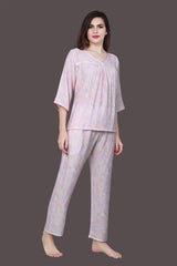 Velure Pink Floral Frock-Style Night Suit - Velure - Long Top and Pant - 3/4 Sleeves, Frock Style, Full Length Pant, Linen, V Neck