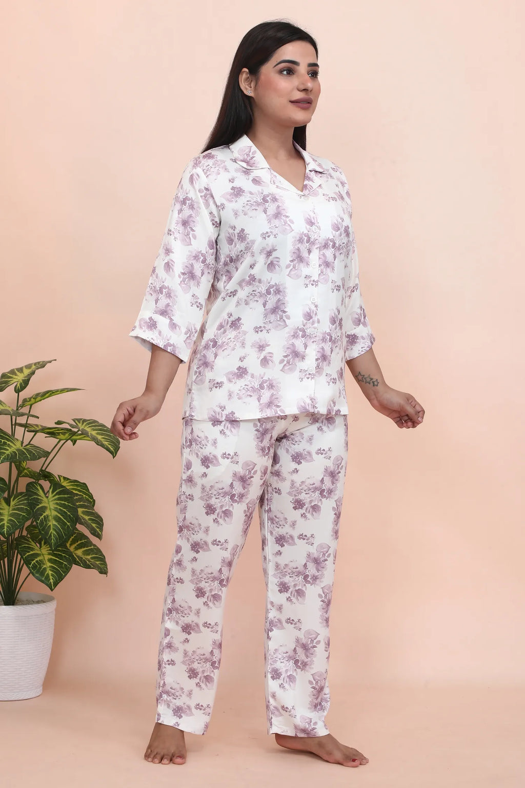 Velure Fascinating Floral Print Satin Night Suit - Velure - - 3/4 Sleeves, Collar Neck, Floral Print, Front Button Open, Full Length Pant, Satin