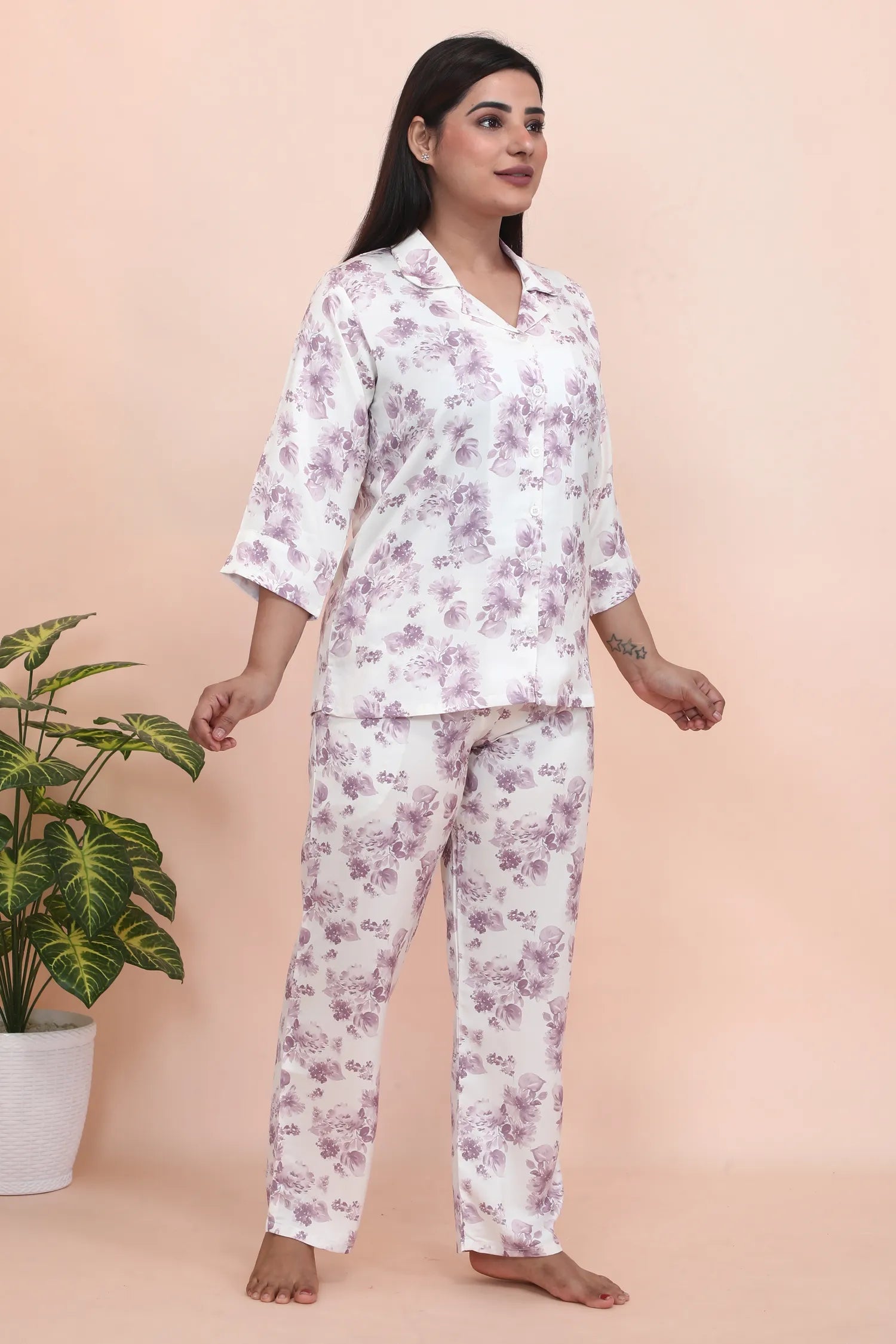 Velure Fascinating Floral Print Satin Night Suit - Velure - - 3/4 Sleeves, Collar Neck, Floral Print, Front Button Open, Full Length Pant, Satin