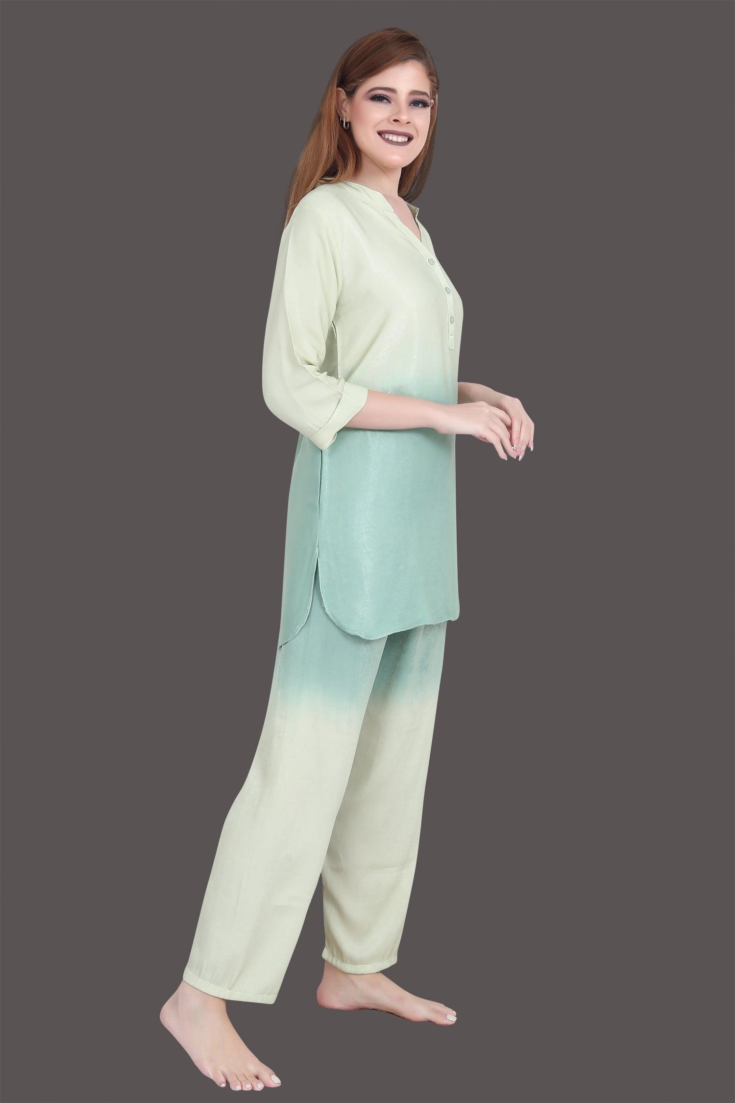 Velure Tunic Green Dual Shade Kurti Style Night Suit - Velure - Long Top and Pant - 3/4 Sleeves, Collar Neck, Cotton, Front Button Open, Full Length Pant