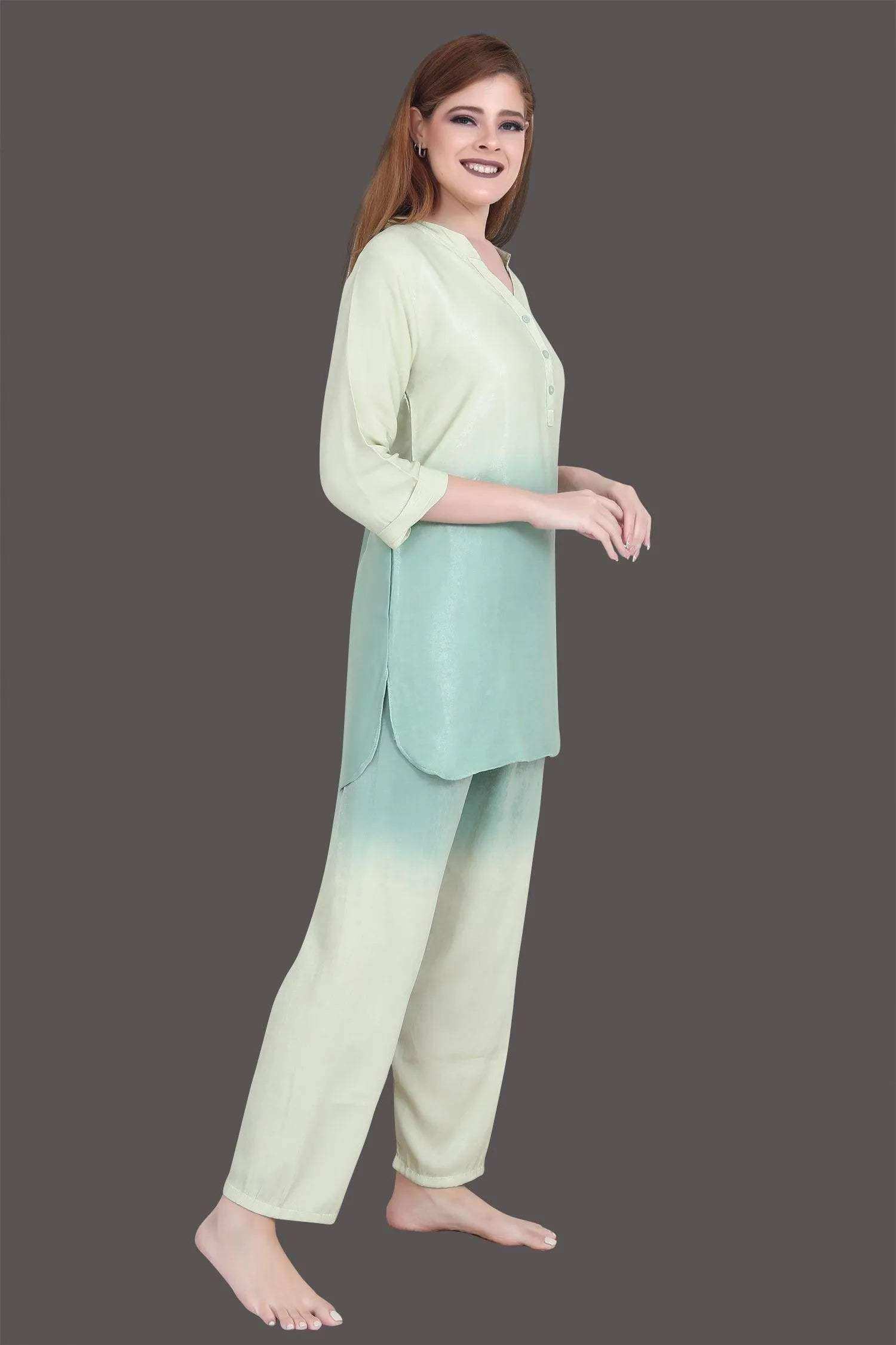 Velure Tunic Green Dual Shade Kurti Style Night Suit - Velure - - 3/4 Sleeves, Collar Neck, Cotton, Front Button Open, Full Length Pant